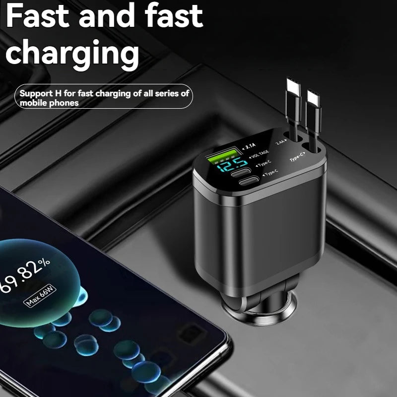 Cargador de Coche Rápido 5 en 1 con Cable Retráctil